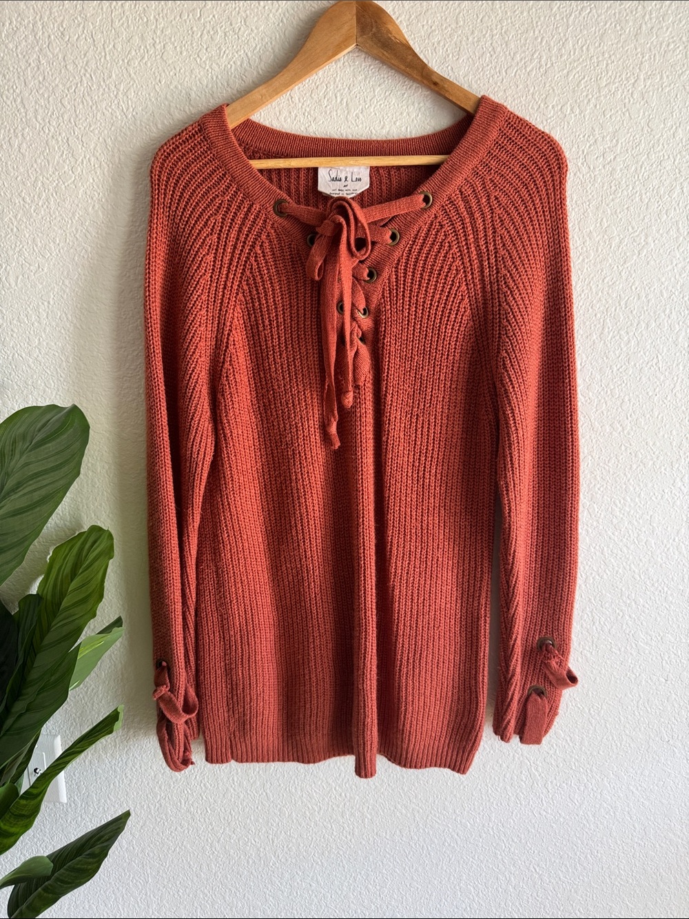 Marine Layer Lace-Up Ribbed Crewneck Sweater - Rust